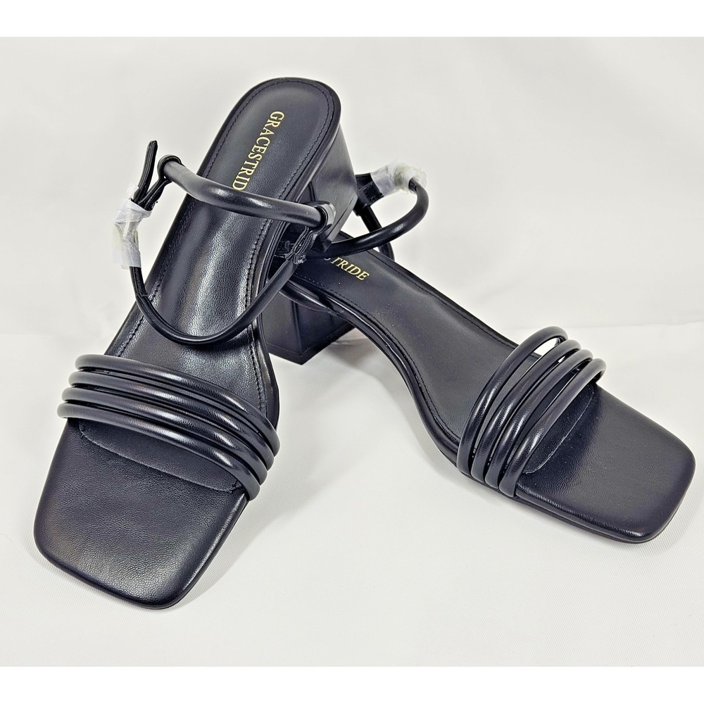 GraceStride Strappy Heeled Sandals Womens 8.5 Black Square Toe Block Heel NWT